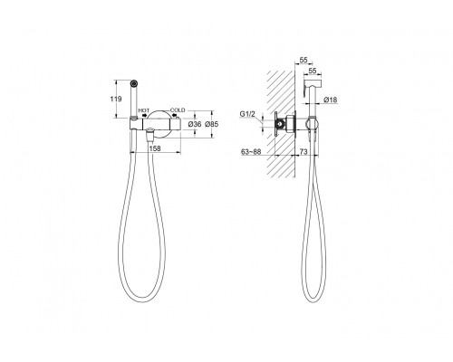 AQ1027BG ОБЕРОН комплект для гигиенического душа термостатический встроенный (смеситель + гигиеническая лейка + шланг), шлиф. золото AQ1027BG