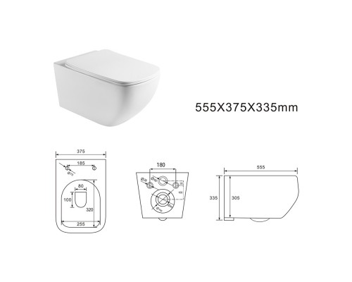AQ1537T-00 МЕДЕЯ Унитаз подвесной TORNADO безободковый 555375335, тонкое сиденье с механизмом плавного закрывания, крепеж AQ1537T-00