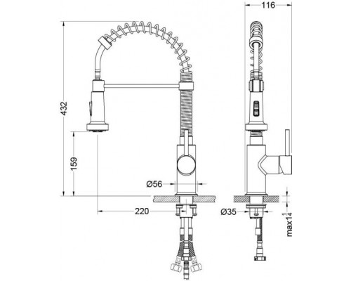 AQ1387MB ЕВРОПА смеситель для кухни 2 jet (профессиональный), матовый черный AQ1387MB