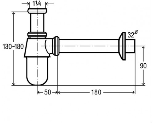 100674 Сифон для раковины (материал - латунь), декор розетка Ø50 mm, патрубок 75 mm, труба 200 mm, 1 1/4 x 32, хром 100674
