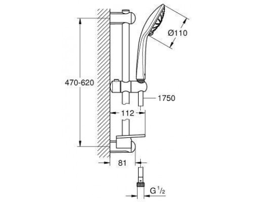 27231001 Euphoria 110 Душевой гарнитур III, душевая штанга 600 мм, шланг 1750 мм, полочка, хром 27231001