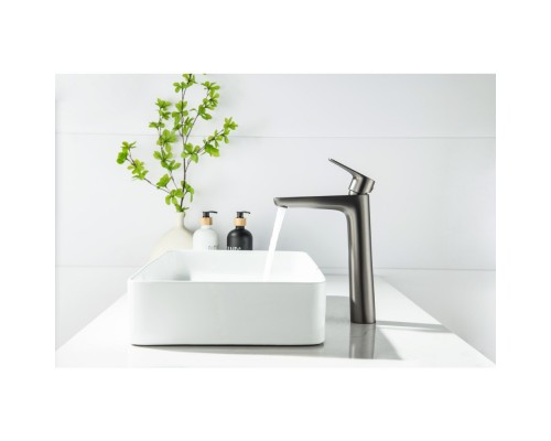 AQ1104BGM БЕТТА смеситель для раковины высокий 230, без донного клапана, оружейная сталь (шлиф. черный хром) AQ1104BGM