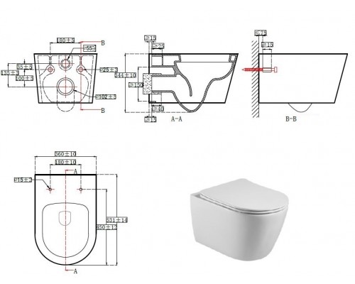 AQ1253W-00 БЕТТА Унитаз подвесной безободковый 531360344мм, тонкое сиденье с механизмом плавного закрывания, крепеж AQ1253W-00