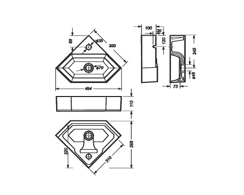 LINE 35 Умывальник угловой ВКС Белый S1 (WB.CR/Line/35-C/WHT.G/S1) WB.CR/Line/35-C/WHT.G/S1