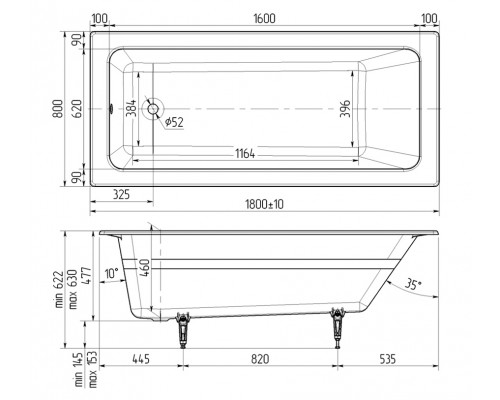 Wotte Line Plus 1800х800х477 ванна чугунная (БП-э00д1471) Line 1800x800