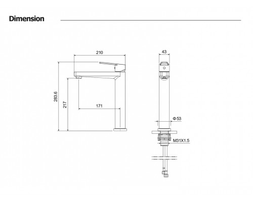 AQ1704CR ЛУГАНО смеситель для раковины высокий 217, без донного клапана AQ1704CR