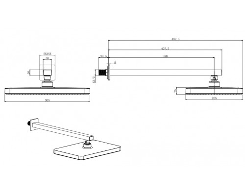 AQ2081MB прямоугольный верхний душ настенный 305х205х25 мм, матовый черный AQ2081MB