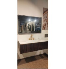 Комплект мебели, Oasis, Eden, тумба под раковину с боковыми панелями   столешница  зеркало с подсветкой, цвет рамы-черный матовый, цвет тумбы-Makassar