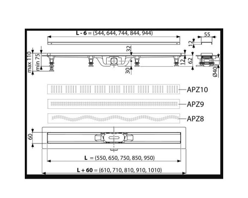 Лоток душевой Alcaplast (APZ8) 850 мм с порогами для перф. решетки (с решеткой) нержавеющая сталь