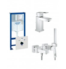 Готовый комплект для ванной комнаты GROHE Eurocube: набор смесителей, душевой гарнитур и система инсталляции (124185)