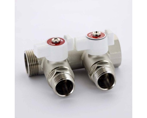 Коллектор НВ 3/4" с кранами никелированный UNI-FITT 2 выхода 1/2"Н 40мм Коллектор НВ 3/4" с кранами никелированный UNI-FITT 2 выхода 1/2"Н 40мм