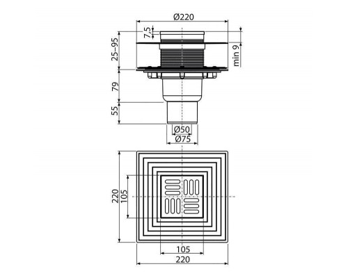 Трап Alcaplast 105 х 105 мм H=159-229 мм г/затвор комбин воротник 2 уров. верт.выпуск 50/75 мм нерж.сталь