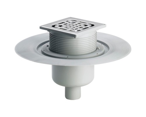 557188 трап с вращающ. и измен. по высоте решеткой из нерж. 150х150мм, вертик.отвод, 1,5 л/сек, пласт/серый 557188