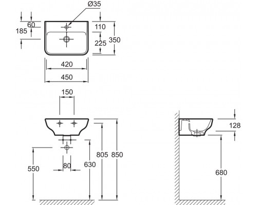 EGH112-00 Рукомойник 45x35 с отв.для смесителя,сл.пер.,белый EGH112-00