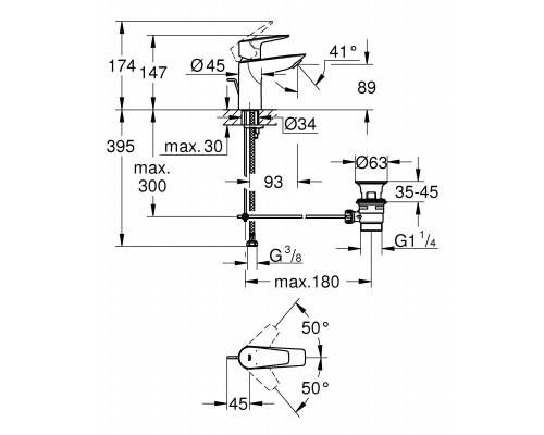 23328001 BauEdge Смеситель для раковины с ограничителем температуры и рычажным донным клапаном, размер S, хром (замена 23328000) 23328001