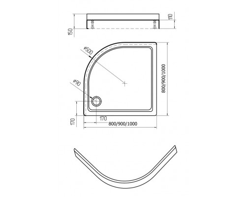 Поддон акриловый, 1/4 круга, с ножками и съемной панелью. БЕЗ СИФОНА. 10010015 DPA-0000002