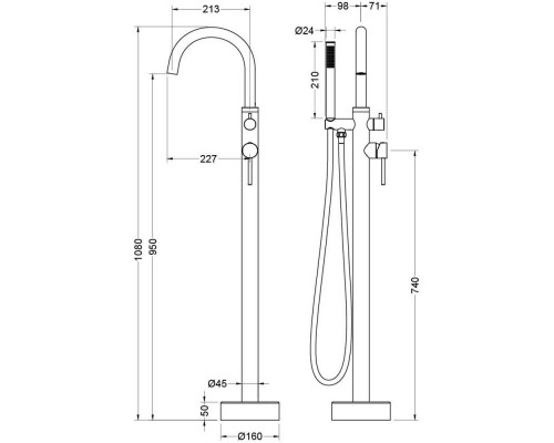 AQ1345BG ЕВРОПА смеситель для ванны напольный, шлиф. золото AQ1345BG
