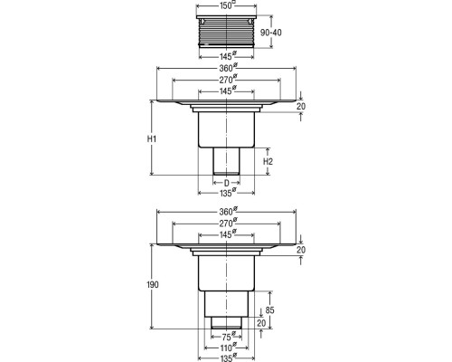 557188 трап с вращающ. и измен. по высоте решеткой из нерж. 150х150мм, вертик.отвод, 1,5 л/сек, пласт/серый 557188
