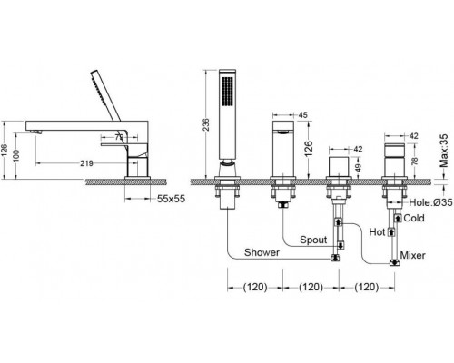 AQ1648CR ЛИБРА смеситель на борт ванны на 4 отв. AQ1648CR