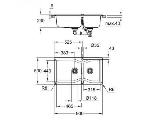 31658AP0 K700 Мойка с 2 чашами, 900 x 500 мм, черный гранит (3 шт.- пал.) 31658AP0