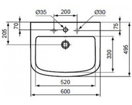 T056401 Tempo Умывальник 60 см, центральное отверстие под смеситель готово T056401