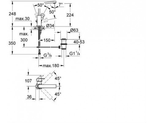 2313500E Eurocube Смеситель для раковины с донным клапаном, высоким изливом и ограничением расхода воды, хром (замена 23135000) 2313500E