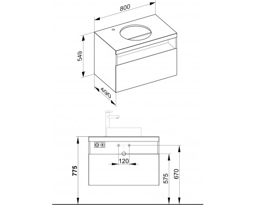 32864300100 STAGELINE Тумба под умывальник 800x550x490mm,1 ящик,oтверстие под смеситель слева,с освещением,pозеткa и USB,пластиковый сифон,цв.белый 32864300100