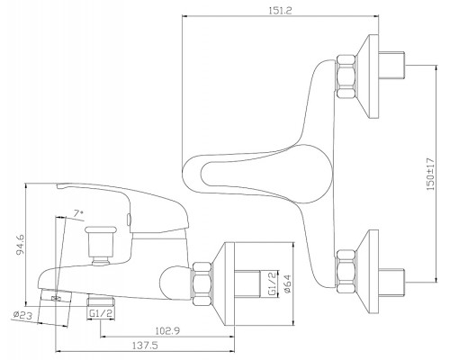 Y35-31 Смеситель одноручный (35 мм) для ванны с коротким изливом, хром Y35-31