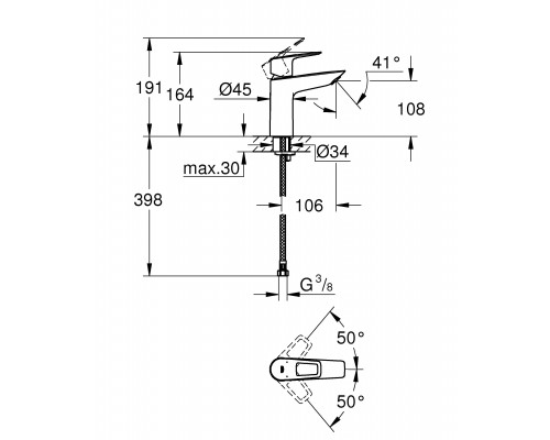23917001 BauLoop EcoJoy Смеситель для раковины, 1 отверстие, размер M, с ограничителем температуры, 5,7 л/мин, хром 23917001