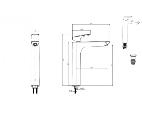 AQ1005CR ВЕГА смеситель для раковины высокий 227 с донным клапаном AQ1005CR