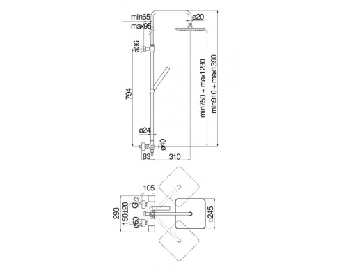 SE124030/50CR SEVEN термостатическая душевая система, верхний душ 24х24 см SE124030/50CR