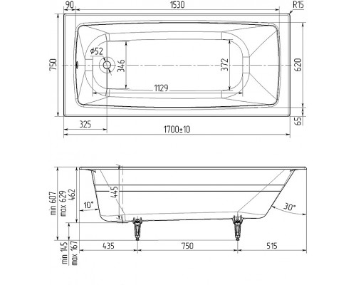 Wotte Vector 1700x750x445 ванна чугунная (БП-э00д1472) Vector 1700x750