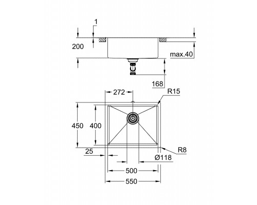 31574SD1 K700U Мойка из нержавеющей стали, 1 чаша, монтаж под столешницу 540/500х440/400 мм (8шт.-пал) 31574SD1