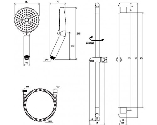 Душевой гарнитур - шланг 150 см, с плоской лейкой (3 функции), держатель (70см) 902.00 X07P177