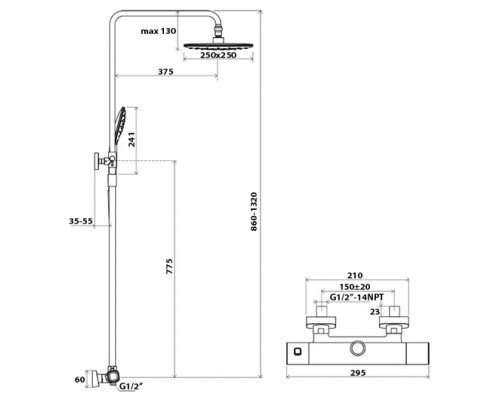 Душевая стойка с термостатическим смесителем и ручным душем TD F 091.20/150 черный X070160