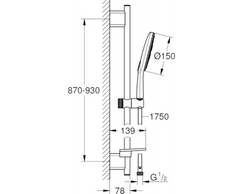 26594LS0 RainShower SmartActive 150 Душевой гарнитур III, душевая штанга 900 мм, шланг 1750 мм, 9,5 л/мин, полочка, белая луна 26594LS0