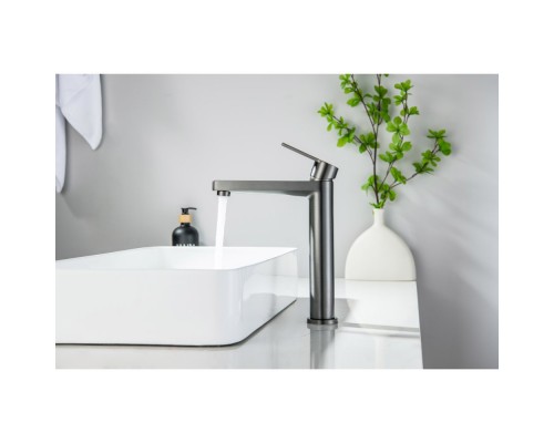 AQ1704BGM ЛУГАНО смеситель для раковины высокий 217, без донного клапана, оружейная сталь (шлиф. черный хром) AQ1704BGM