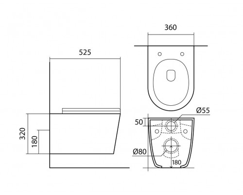 AQ1905-00 ВЕГА Унитаз подвесной безободковый 525360320мм, тонкое сиденье с механизмом плавного закрывания, крепеж AQ1905-00