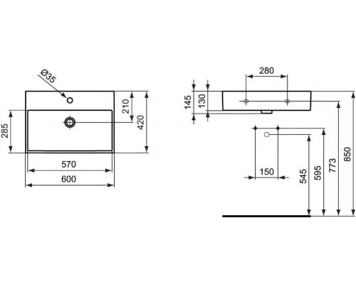 K077801 Strada умывальник 60 см, 1 отверстие под смеситель, с отверстием перелива, с монтажным шаблоном, без крепежа K077801