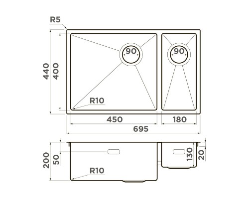 Omoikiri Taki 69-2-U/IF-L Side-GB Кухонная мойка нерж. сталь 69,5x44 см, цвет: графит 4997050