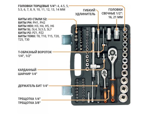 Набор инструментов P.I.T. MaxPiler MXT-82-SET (82 предметов, 1/2" и 1/4", CrV)