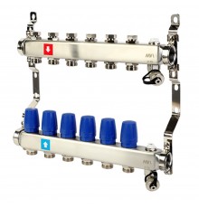 Коллектор из нерж. стали в сборе без расходомеров 1"х3/4"ЕК 6 вых. c дренаж. краном и воздухоотв.