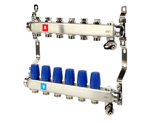Коллектор из нерж. стали в сборе без расходомеров 1"х3/4"ЕК 6 вых. c дренаж. краном и воздухоотв.