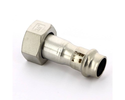 Муфта В-пресс IBP 15 x 3/4" с накидной гайкой и плоской прокладкой нерж.сталь Муфта В-пресс IBP 15 x 3/4" с накидной гайкой и плоской прокладкой нерж.сталь