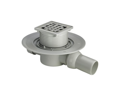 557140 Трап с изоляц. фланцем, гидрозатвором, 0,6 л/сек, решеткой из нерж. 150х150мм, шарнирн. отводом, пласт/серый 557140
