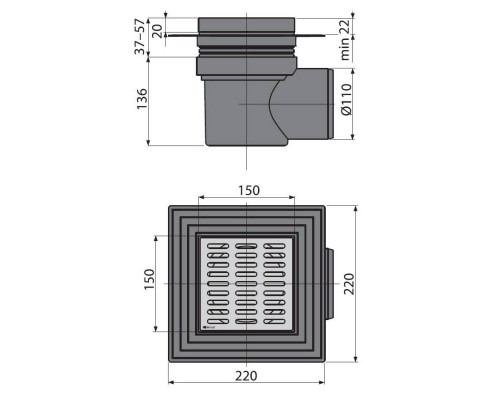 Трап Alcaplast 150 х 150 мм H=173-193 мм выпуск 110 мм нерж.сталь