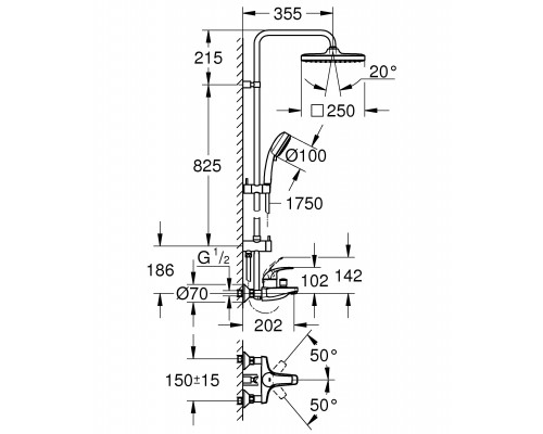 26693000 Tempesta Cosmopolitan 250 Душевая система, с однорычажным смесителем для ванны, излив 202 мм, хром 26693000