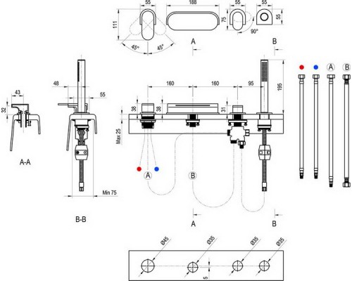 Смеситель врезной каскадный для ванн CR 025.20BL ЧЕРНЫЙ X070445