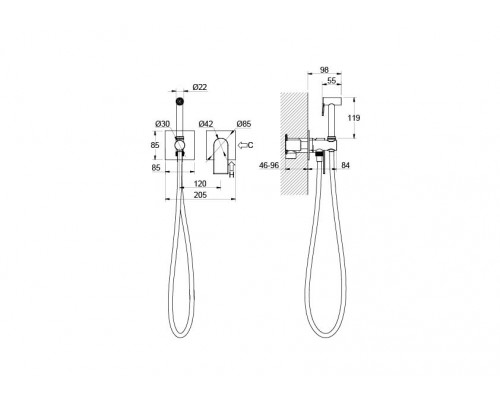 AQ1420CR ЛИРА комплект для гигиенического душа встроенный 2 отв. (смеситель + гигиеническая лейка + шланг) AQ1420CR