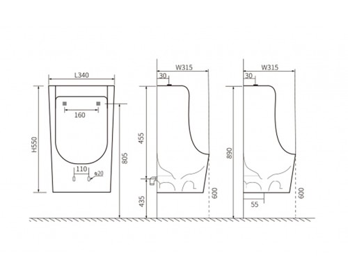 AQ3040-F-00 Писсуар, горизонтальный выпуск, 340315550,белый в комплекте со смывным механизмом AQ3040FM AQ3040-F-00